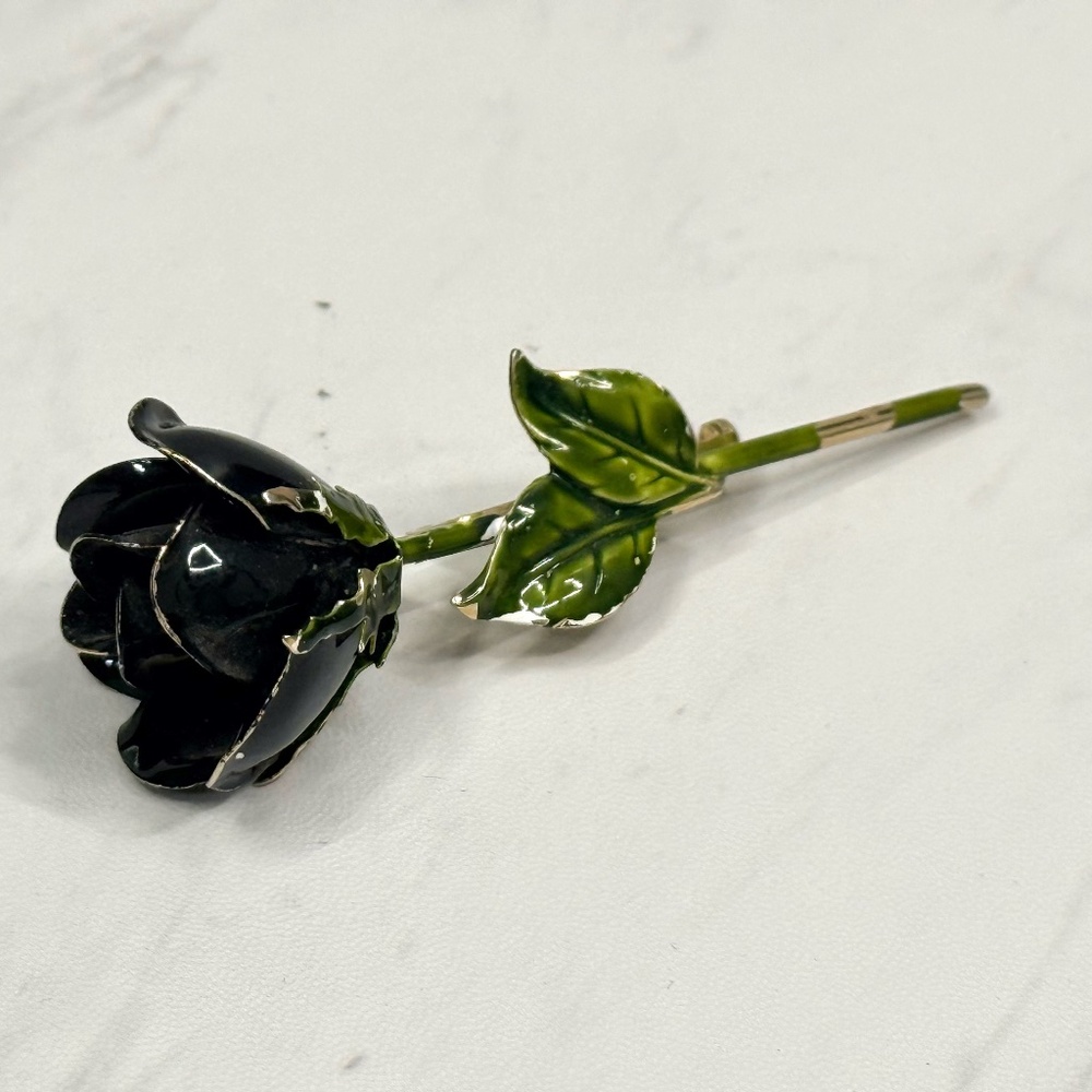 Gold Tone Black Rose Brooch